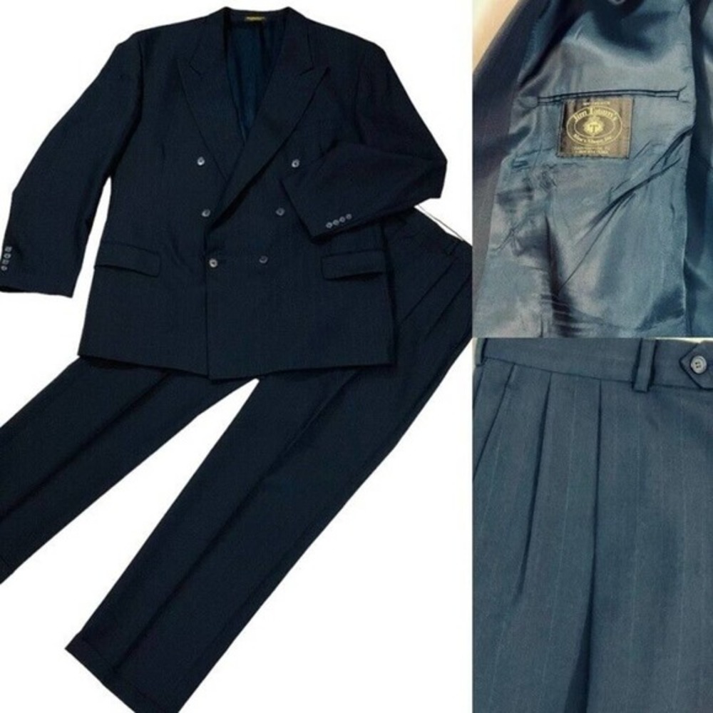 Men's Custom USA Vintage DB Blue Pinstripe Suit by Jim Tatum Tall 48L/36L